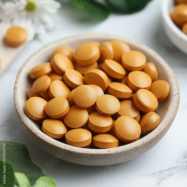 Fototapeta A close-up of a bowl filled with golden supplement pills, showcasing their vibrant color and smooth texture. The image evokes a sense of health, wellness, and vitality. 