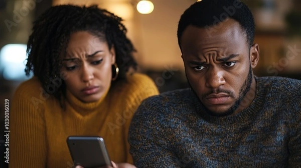 Fototapeta Anxious Couple Scrolling Social Media on Phone