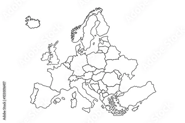 Fototapeta Blank Europe map contour silhouette vector illustration isolated on white background. European continent territory.world map outline, linear doodle illustration.