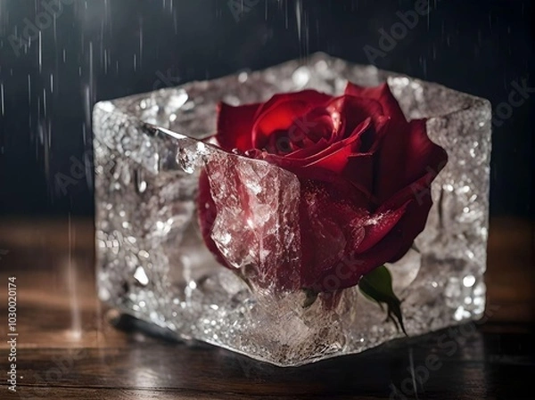 Fototapeta Meaningful Still Life Portrait of a Red Rose Melted into an Ice Cube on a Wooden Table, Set Against a Black Background with Drizzles