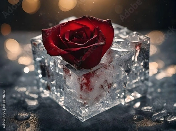 Fototapeta Stunning Red Rose Frozen in an Ice Cube on a Concrete Surface with Blurred Orange Lights in the Background