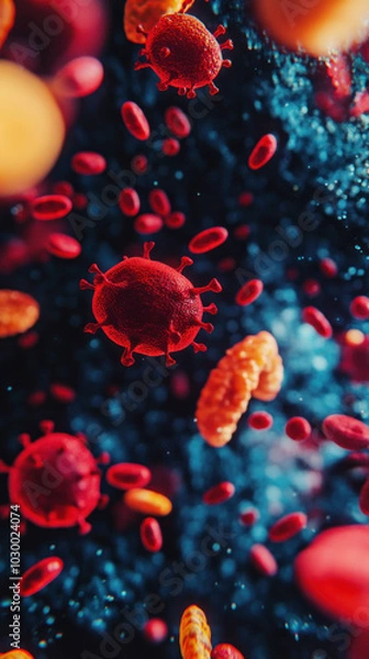 Fototapeta Artistic macro image of blood cells and antibodies, showcasing vibrant colors and intricate details of microscopic world. dynamic composition evokes sense of movement and life