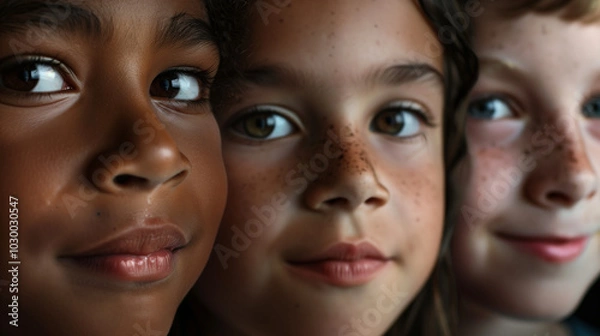 Fototapeta Diverse Children's Faces Smiling Directly at Camera, AI-Driven Online School Emotional Intelligence Banner, Dark Cinematic Background