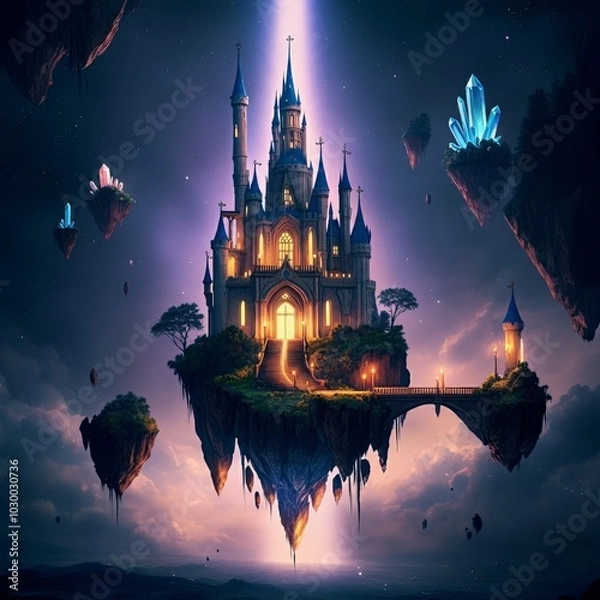 Fototapeta Floating castle in the clouds with ethereal light