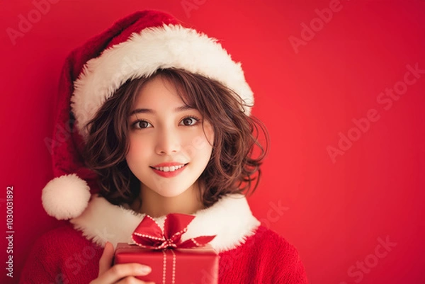 Obraz サンタクロースのコスプレで赤い服とサンタの帽子をかぶった若い日本人女性とクリスマスプレゼント・ギフト(美人モデル)