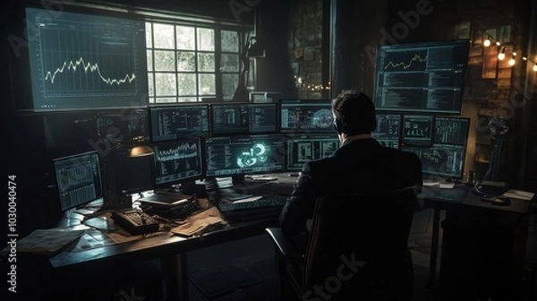 Fototapeta A focused analyst studies market trends at a high-tech desk with multiple screens displaying charts and data for insights.