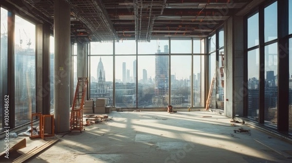 Fototapeta Modern Office Space Under Construction with City View and Natural Light Coming Through Windows