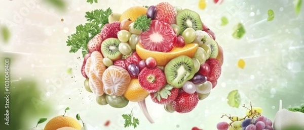 Fototapeta Abstract Brain Composition with Fruits and Vegetables in Bright, Vibrant Arrangement on Light Green Background