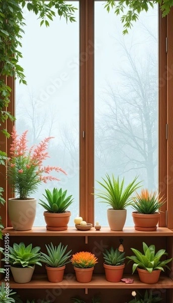 Fototapeta A window sill with a variety of potted plants, including a few yellow flowers. The plants are arranged in a row, with some taller and some shorter. The scene has a cozy and inviting atmosphere