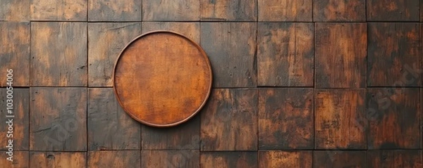 Fototapeta Weathered wooden wall with a circular signboard mockup in an urban setting, perfect for showcasing your brand.