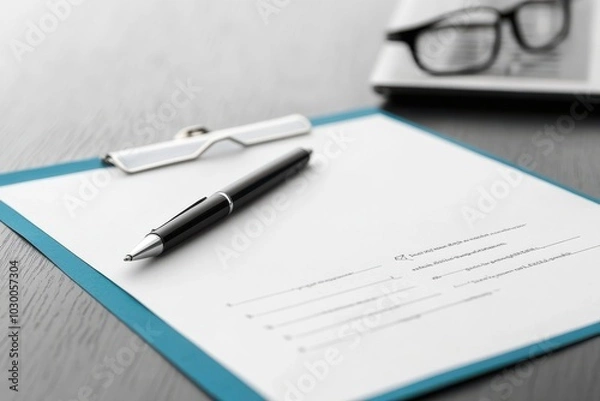 Fototapeta A sleek pen resting on a clipboard with blank paper, perfect for taking notes or signing documents.