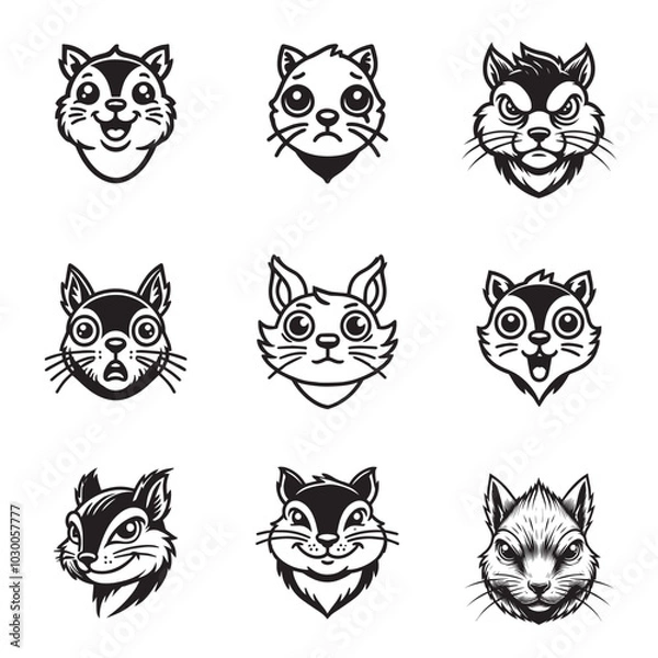 Fototapeta Cute Squirrel face Vector illustration Pack - Squirrel Rodent Outline ClipArt Bundle
