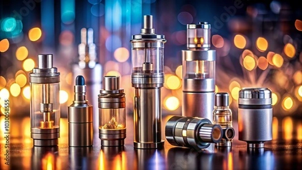 Fototapeta Close-Up of Electronic Cigarette Equipment with Bokeh Effect - Vaporizers, Tanks, Coils, and Accessories in Focus for E-Cigarette Enthusiasts and Vapor Lifestyle