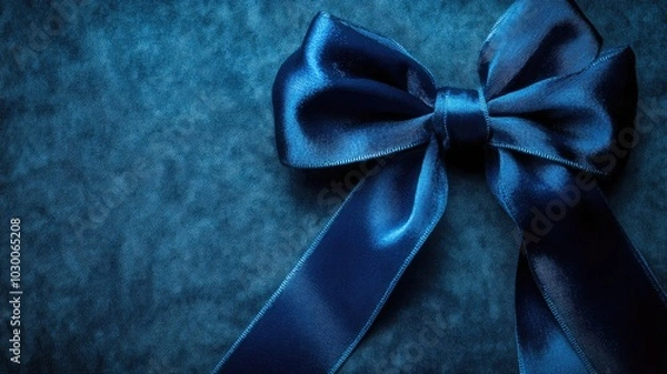 Fototapeta Elegant blue satin ribbon in decorative bow on dark textured background