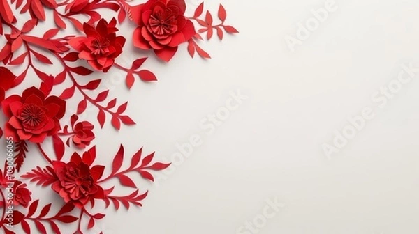 Fototapeta Red paper flowers and leaves border on white background