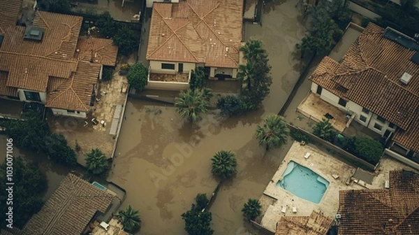 Fototapeta 2410_248.top down flood scene, parallel housing structures, swimming pool enclosures, beige and gray roof tiles, scattered palm trees, muddy flood waters, architectural documentary style, high