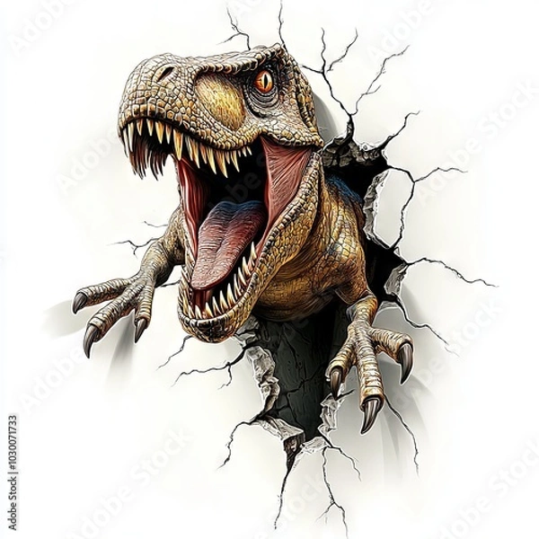 Obraz dinosaur jumping out of the wall on white background