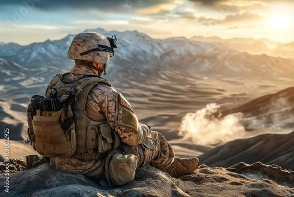Fototapeta Peaceful soldier on hilltop in camouflage uniform looking at scenic landscape with blue sky and snowy mountains in background.
