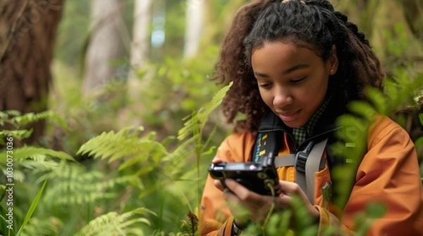 Obraz Environmental science student of African descent conducting fieldwork in a forest with handheld equipment