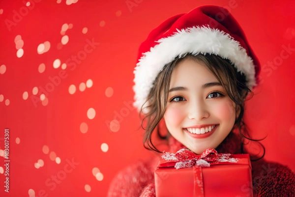 Obraz サンタクロースのコスプレで赤い服とサンタの帽子をかぶった若い日本人女性とクリスマスプレゼント・ギフト(美人モデル)