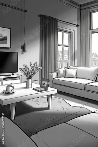 Fototapeta Modern living room interior with furniture and city view drawing