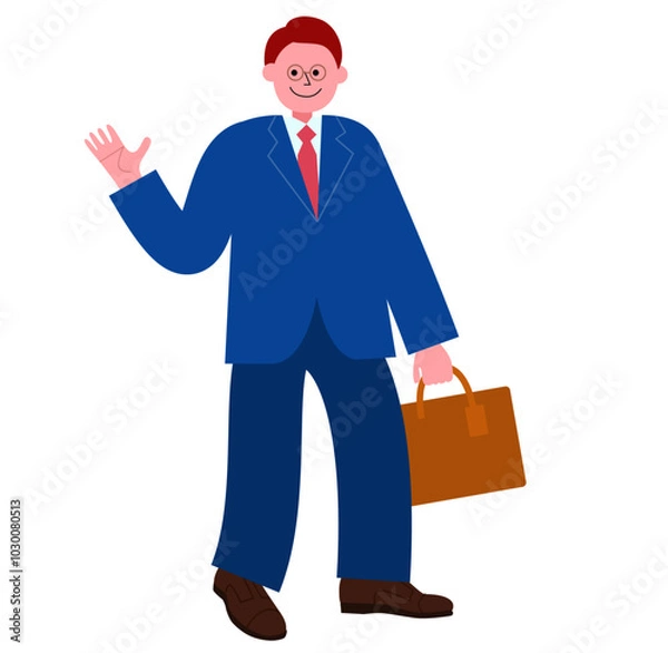 Fototapeta スーツを着たメガネの男性がビジネスバッグを持って手を振って去る姿の全身のイラスト