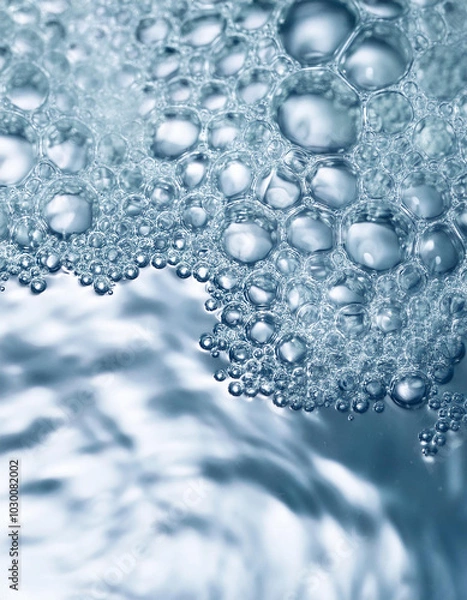 Fototapeta Bubbling water texture, flow thermal water as abstract background macro photo, spa and wellness theme, gentle ripples and gurgling on white blue aquatic surface, sea monochrome color gradient
