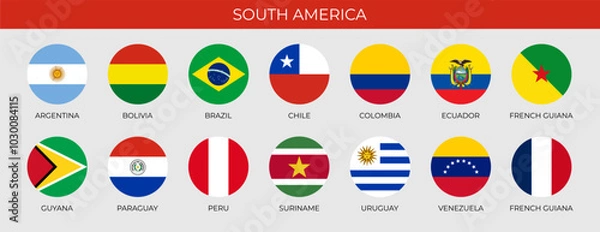 Fototapeta Set of round flags of South American countries in alphabetical order. Vector illustration