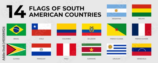 Fototapeta A set of rectangle flags of South American countries in alphabetical order. Detailed national flags of South America countries, including small states. Vector illustration