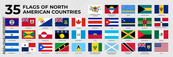 Fototapeta A set of rectangle flags of North American countries in alphabetical order. Detailed national flags of North and Central America countries, including small states. Vector illustration