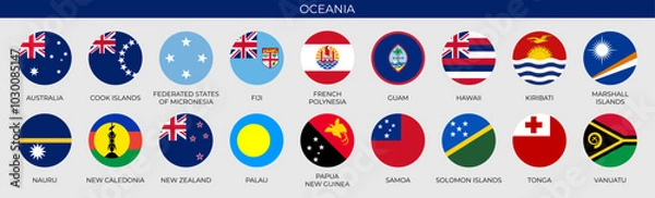 Fototapeta Set of round flags of Oceanian countries in alphabetical order. Vector illustration