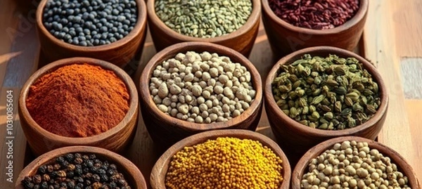 Obraz Vibrant Still Life , Colorful Assorted Spices in Wooden Bowls Viewed from Above, Culinary Background
