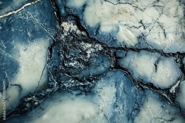Fototapeta Close-up of a Blue and White Marble Surface with Cracks and Veins