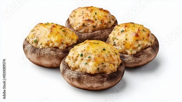 Obraz Perfectly Baked Stuffed Mushrooms with Cheesy Garlic Herb Filling isolated on white background