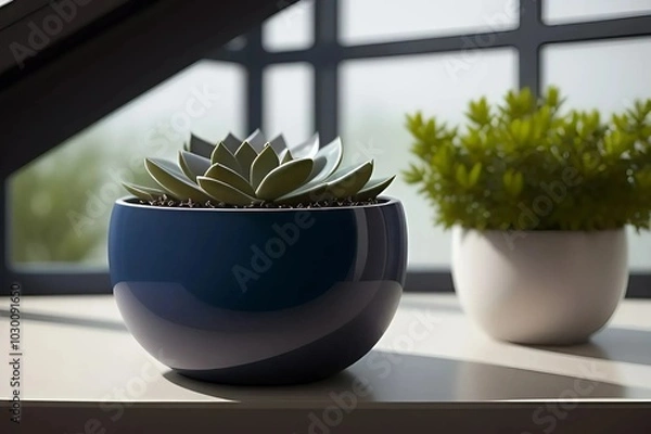 Fototapeta A pair of blue ceramic planters, each containing lush green plants, adding a touch of elegance to the setting.
