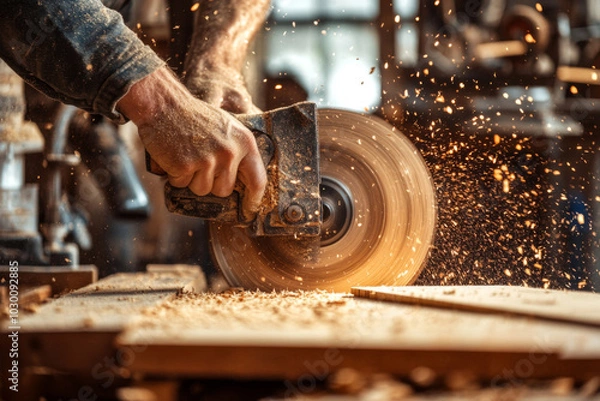 Fototapeta Wood shavings fill the air as a carpenter expertly guides a power tool along a wooden board, showcasing craftsmanship in a well-lit workshop.