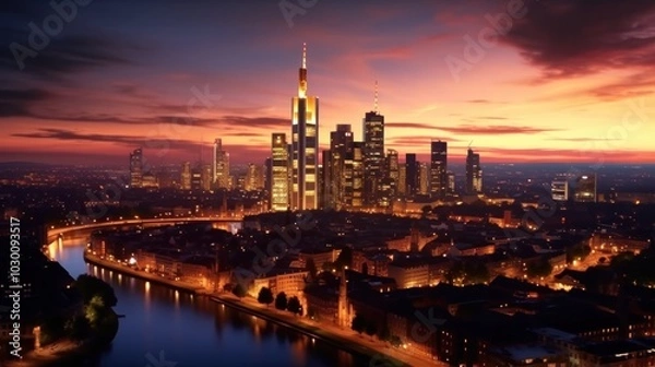 Fototapeta view of the Frankfurt Skyline building at Dusk