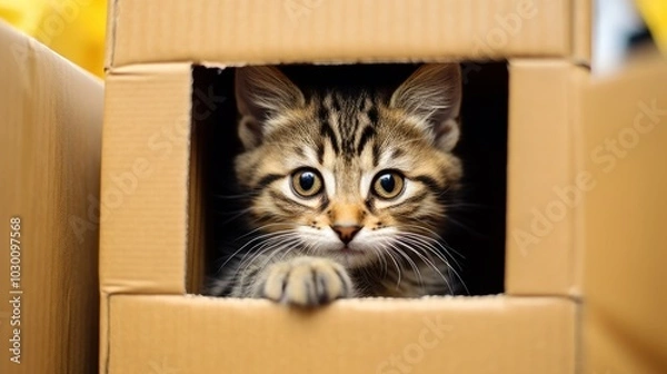 Fototapeta Curious Kitten in a Cardboard Box
