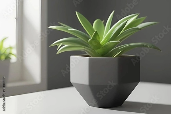 Fototapeta A potted plant in a grey pot placed on a wooden table, showcasing vibrant green leaves against a neutral background.
