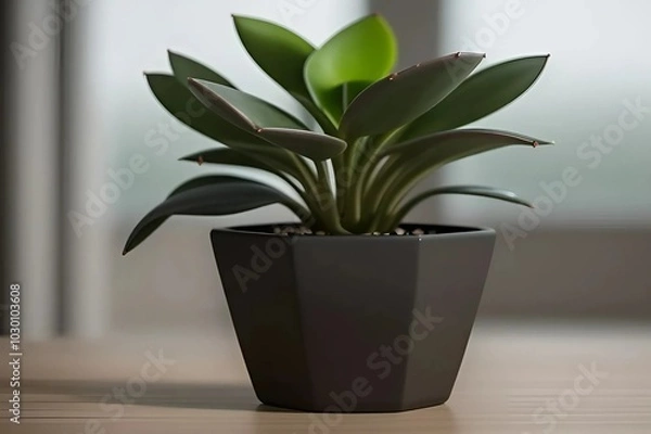 Fototapeta A green potted plant in a grey pot sits elegantly on a table, adding a touch of nature to the indoor setting.