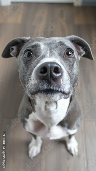 Fototapeta A dog looking up with big eyes. AI.