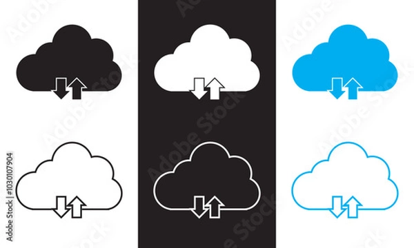 Fototapeta Cloud download icon with arrow down symbol, save import icon, data storage database icons button.  Vector illustration isolated on white and black background. EPS 10