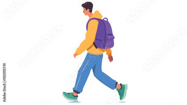 Obraz A man walking with a backpack, a flat design illustration on a white background, simple and minimalistic in style. The character is wearing colorful , in a vector art style