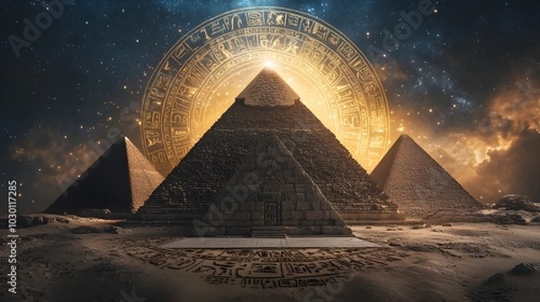 Fototapeta Pyramids forming a circular alignment, their tips pointing to the stars above, ancient symbols etched in the sand beneath, illuminated by a cosmic glow