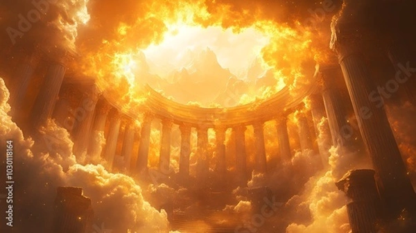 Fototapeta The Olympian gods in a circular formation, surrounded by marble columns and swirling clouds, deciding the fate of mortals below, with Mount Olympus glowing in golden light