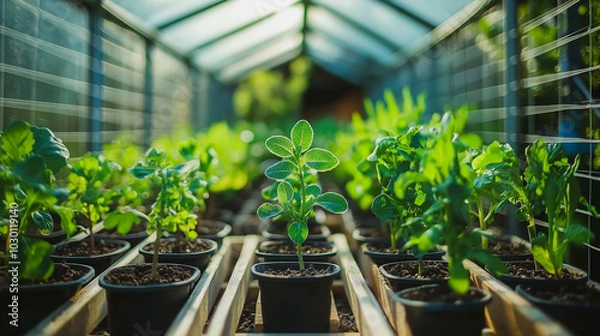 Fototapeta A modern greenhouse using renewable energy, with solar panels and smart irrigation systems keeping plants healthy