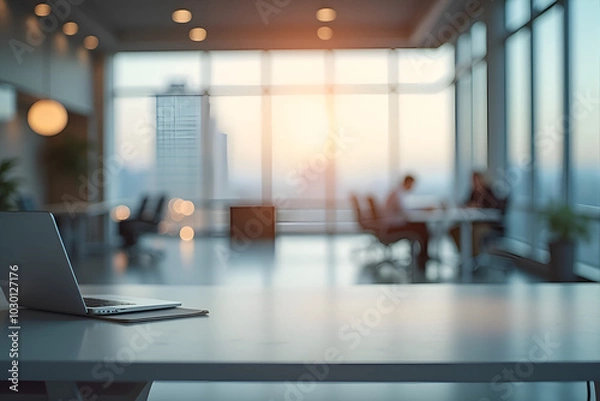 Fototapeta Blurred empty open space office. Abstract light bokeh at office interior background for design.
