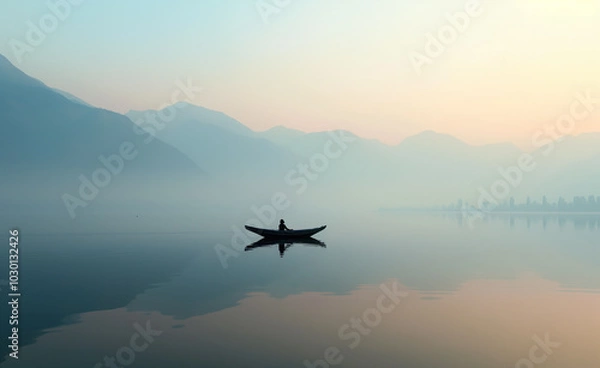 Fototapeta A tranquil scene of a man in a small boat on Dal Lake, surrounded by misty mountains at dawn in winter, creates a serene and dreamlike atmosphere