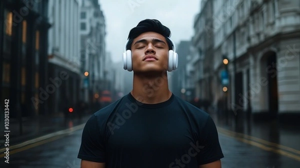 Fototapeta A young man stands in a city street with his eyes closed, wearing headphones, seemingly lost in music. The street is slightly wet, possibly after rain, with a blurred urban background, evoking a calm