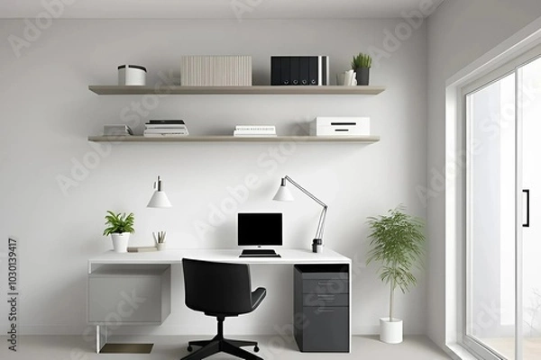 Fototapeta A bright white home office featuring a sleek desk and a modern computer setup, creating a productive workspace.